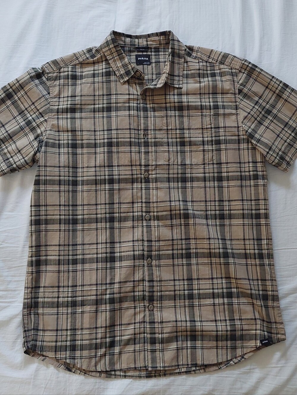 PrAna Short Sleeve Beige Plaid Button-Up Shirt, Men's Large
